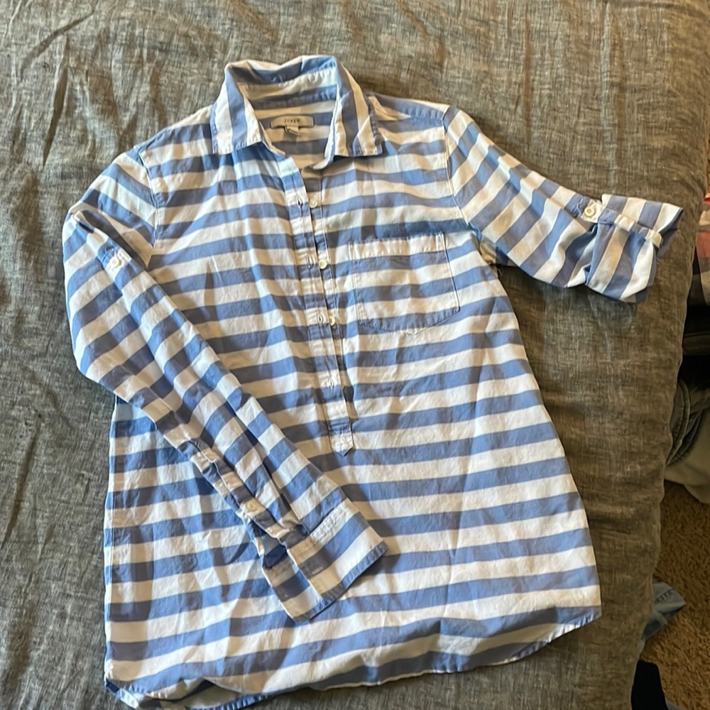 J. Crew blue and white striped button down pullover button down